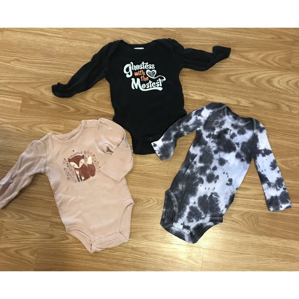 3-Pack Baby Onesies Bundle Long Sleeve Halloween, Fox Print & Tie-Dye 6-9M